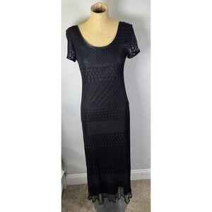Vtg Black Crochet Slinky Maxi Dress Short Sleeve Long Sheer Slip goth Witchy 12